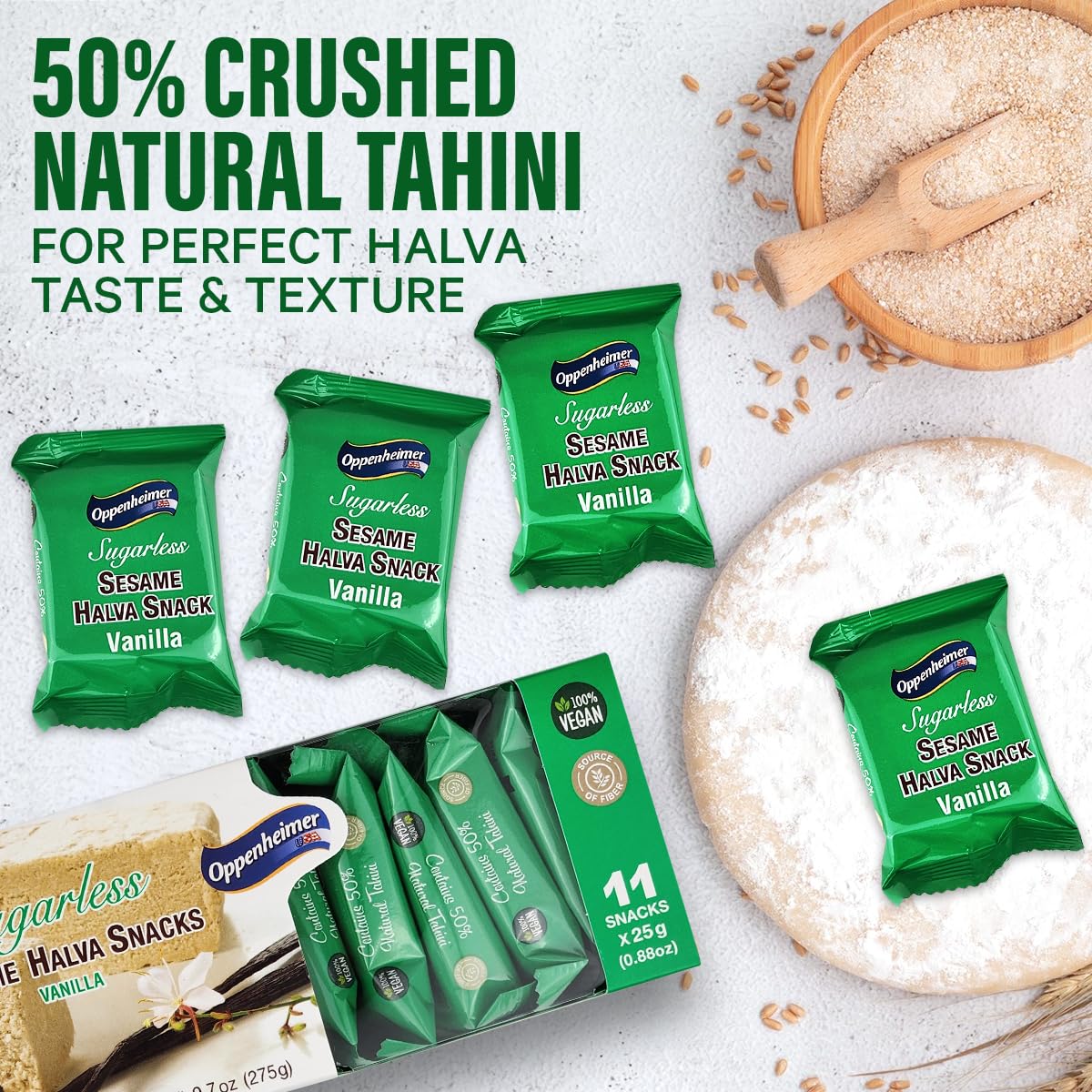 Oppenheimer USA Sugarless Halva Vanilla bar in hand shows convenient bite-sized snack
