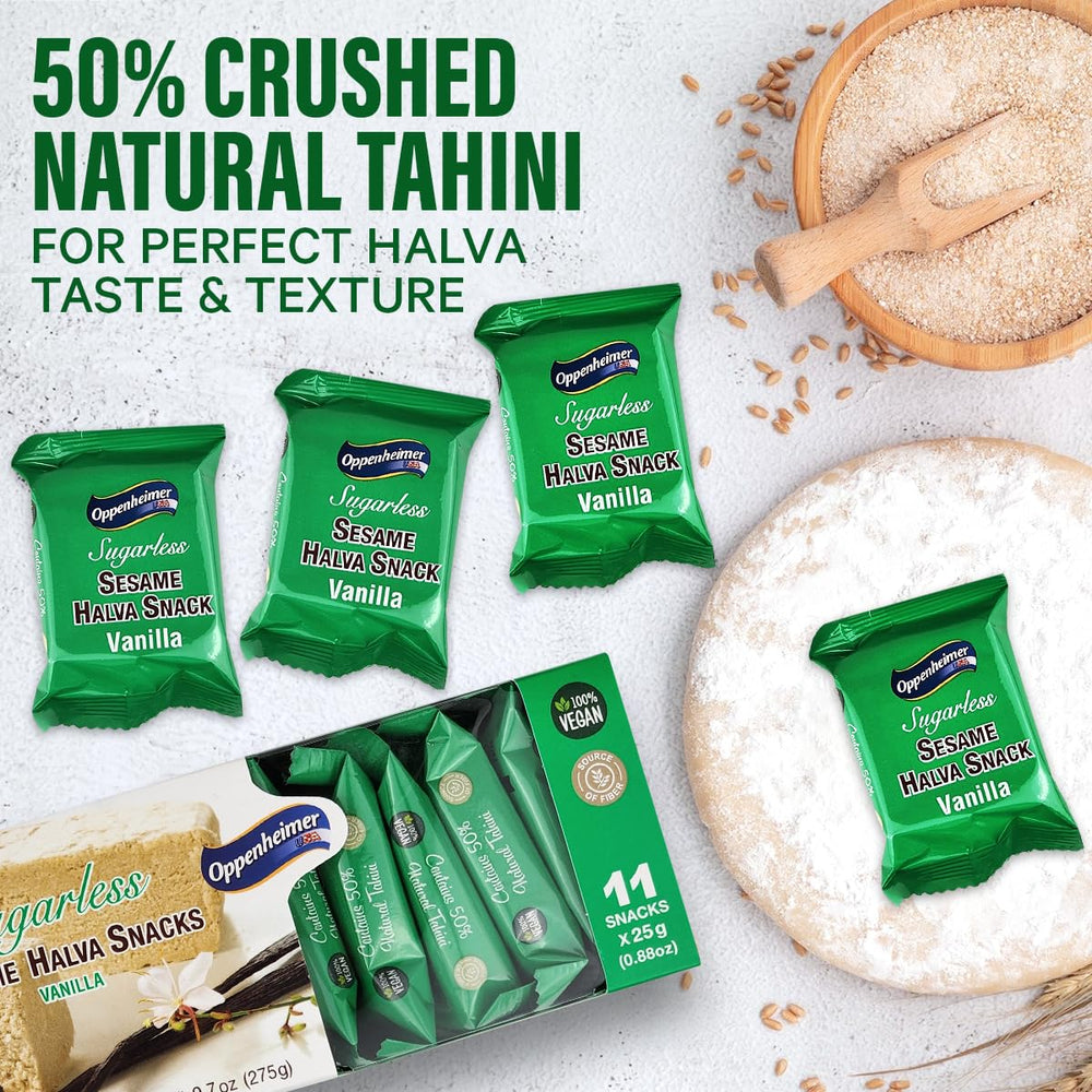 Oppenheimer USA Sugarless Halva Vanilla bar in hand shows convenient bite-sized snack