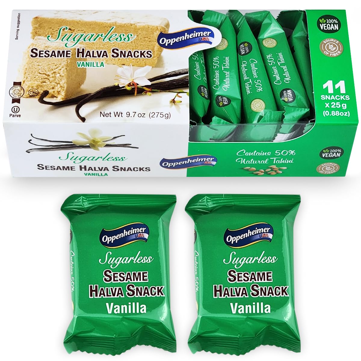 Oppenheimer USA Sugarless Halva Vanilla bar pack back with kosher certification and vegan labeling