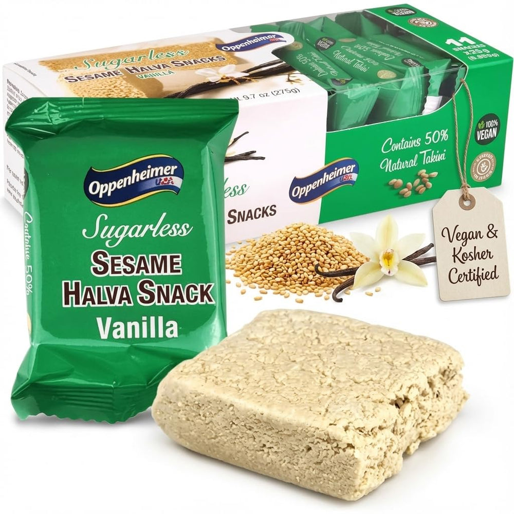 Oppenheimer USA Sugarless Halva Vanilla bar pack front showing a sugar-free snack option