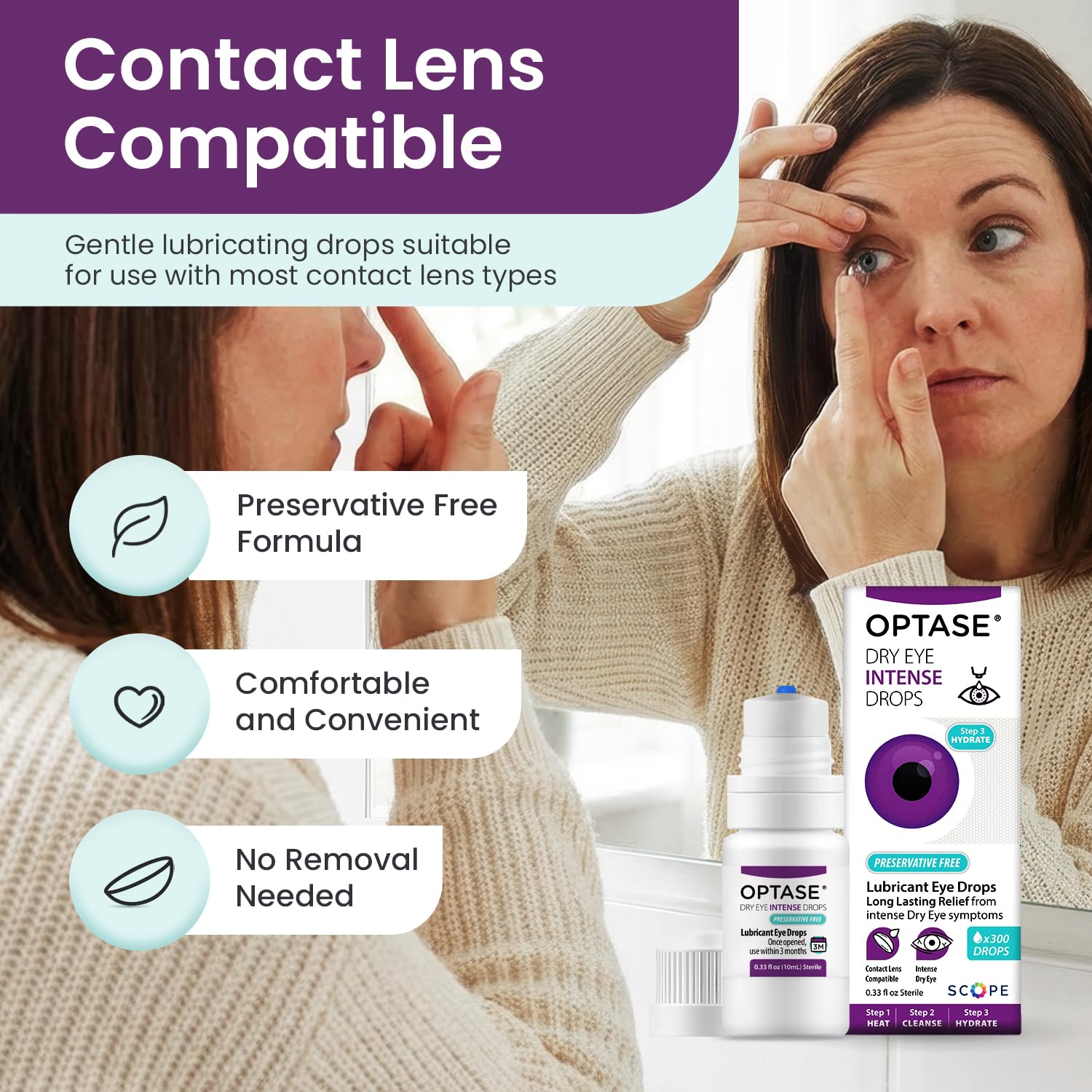 Optase Dry Eye Intense Drops with contact lens compatibility for clear wear.