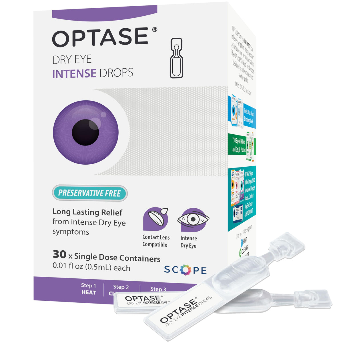 Optase Dry Eye Intense Drops packaging box highlighting preservative-free formula for sensitive eyes.