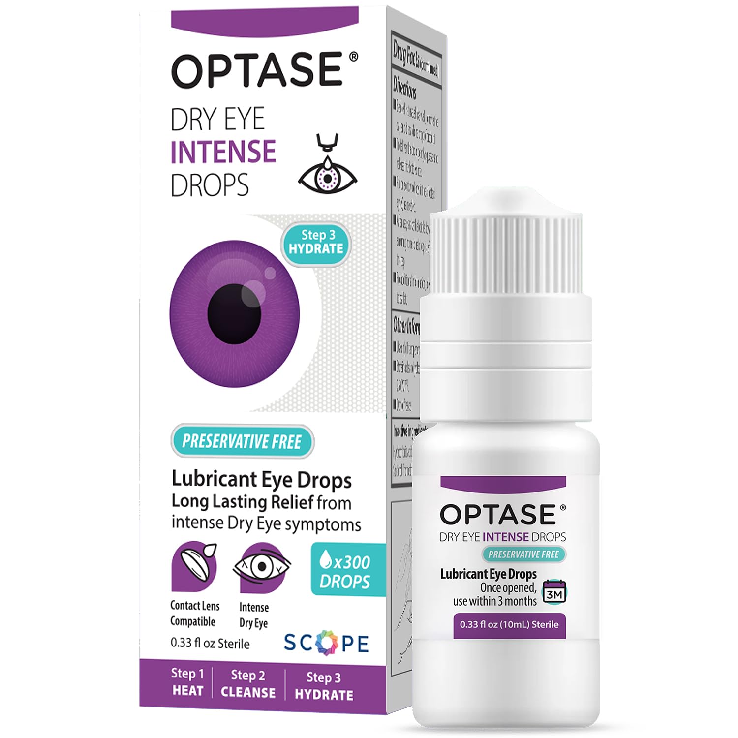 Optase Dry Eye Intense Drops soothing droplets for sensitive eyes.