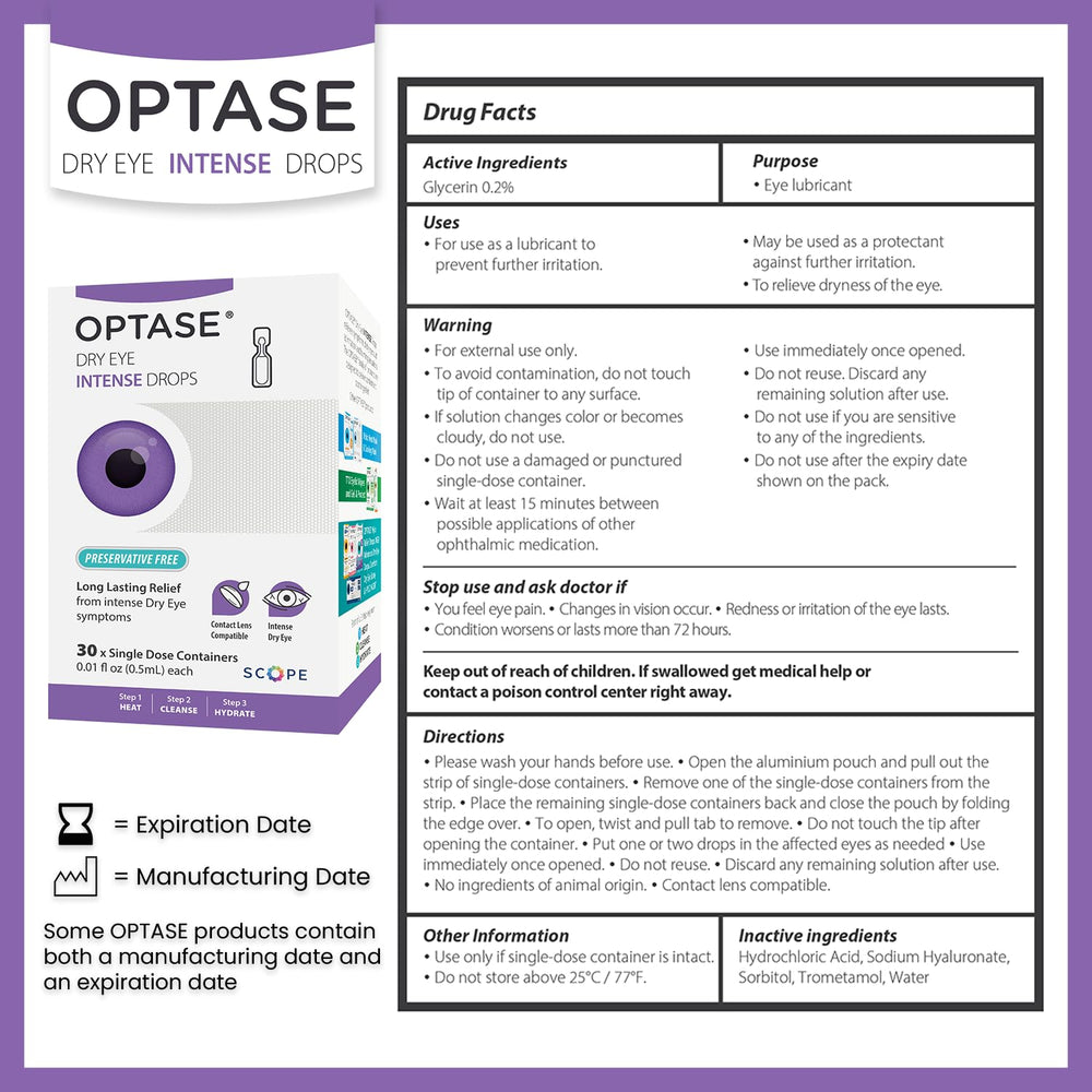 Optase Dry Eye Intense Drops single-dose vial emphasizes sterile, precise dosing for convenience.