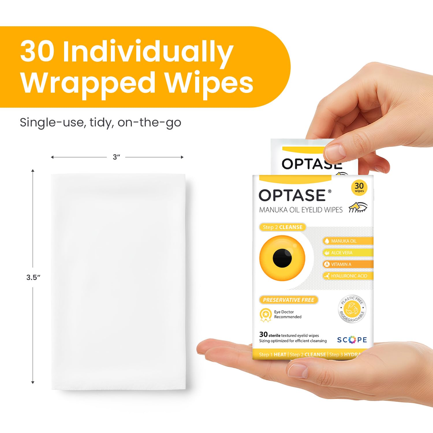 Gentle Optase wipe cleansing delicate facial skin around eyes.
