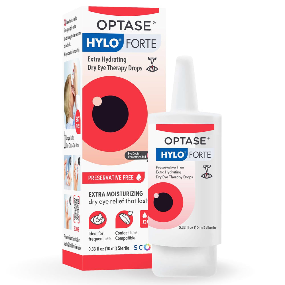 Optase HYLO Forte bottle displaying preservative-free formula for eye comfort
