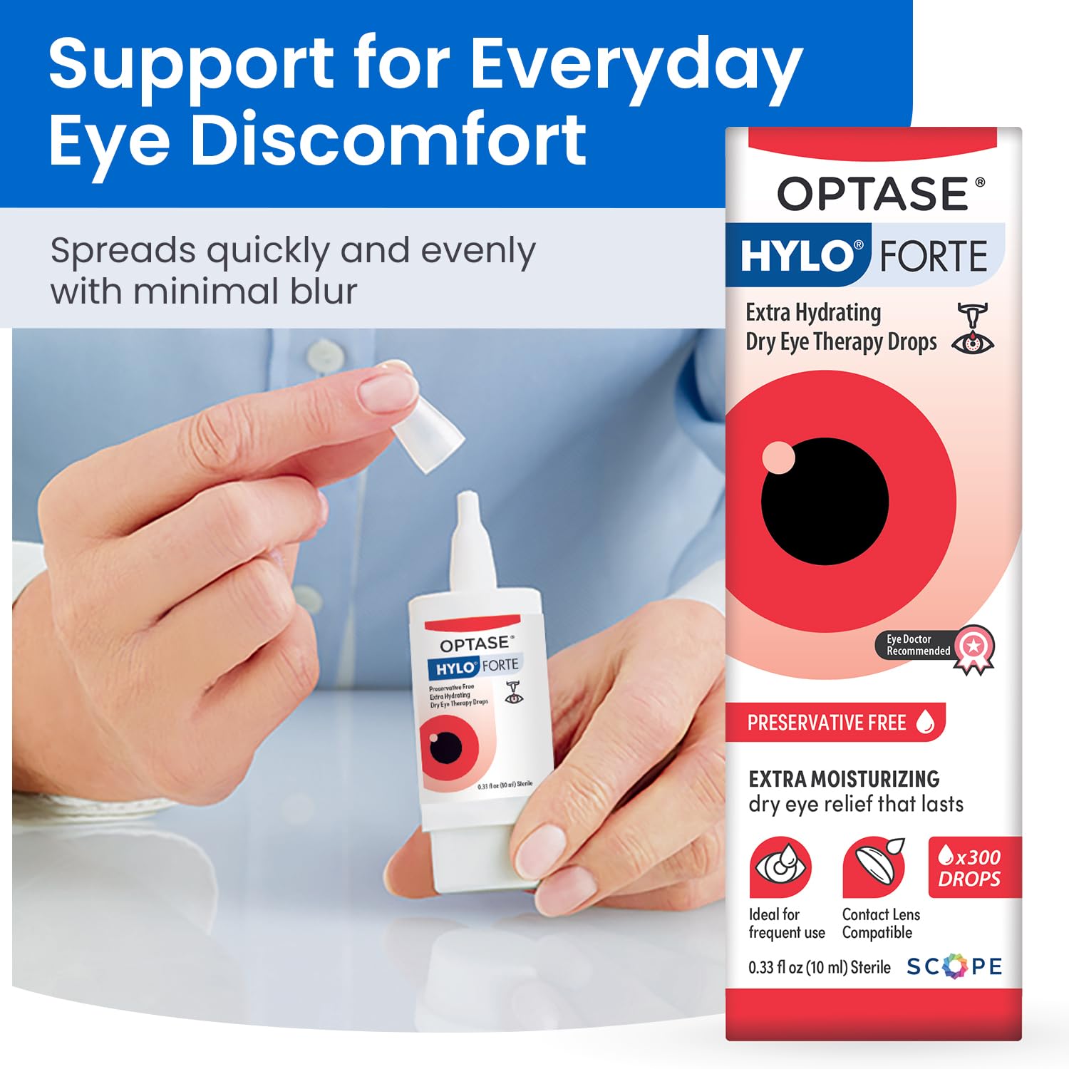 Compact packaging of Optase HYLO Forte in travel-friendly box