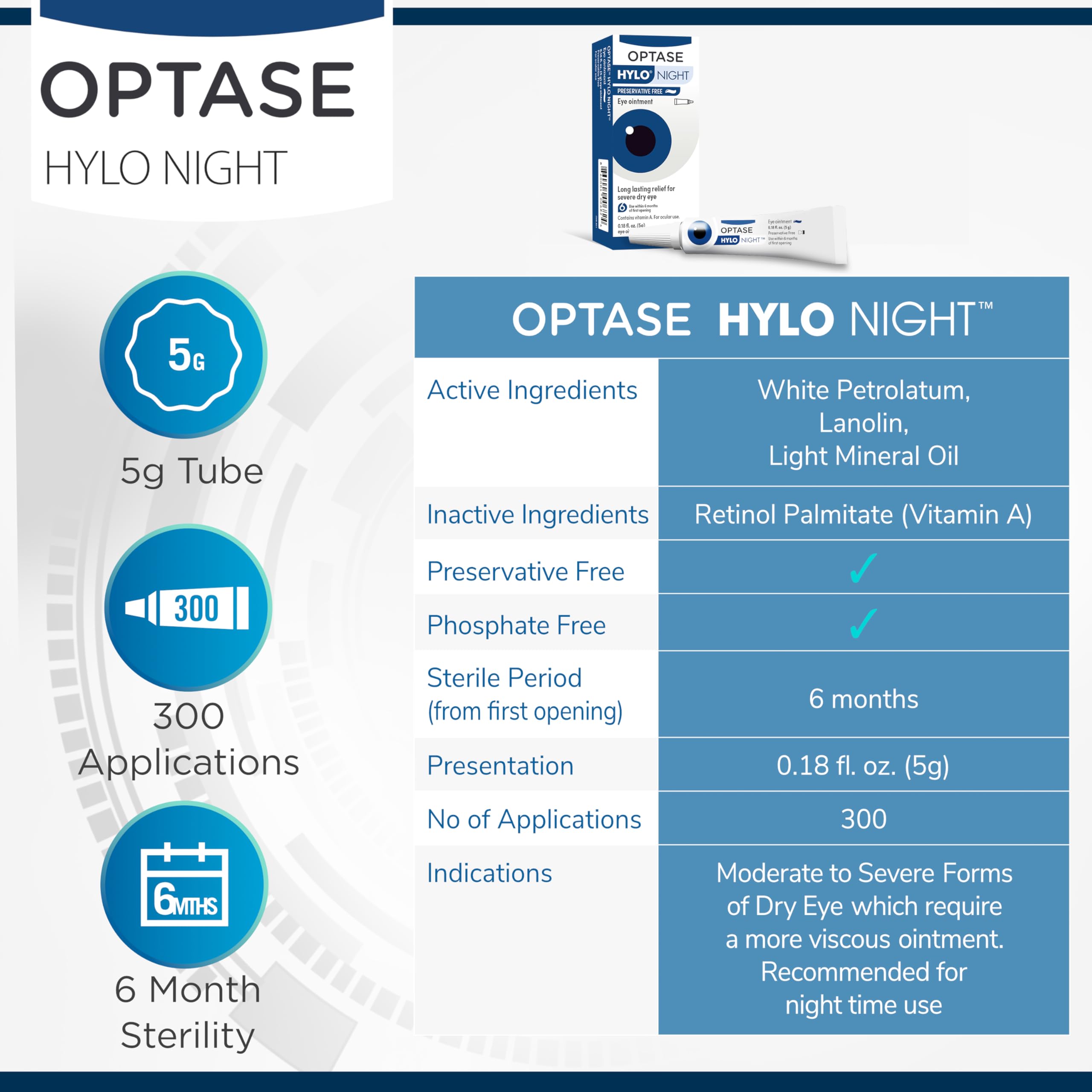 Optase HYLO Night Eye Ointment label highlights simple ingredients