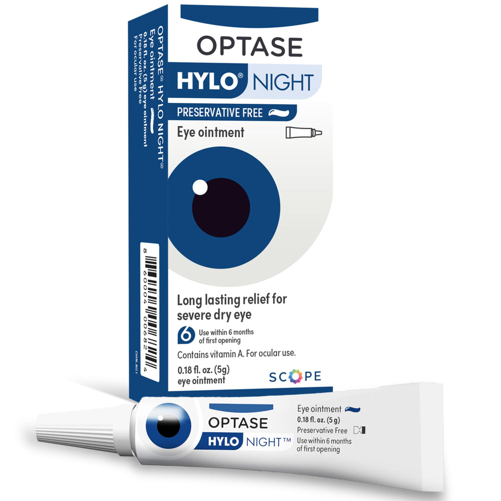 Optase HYLO Night Eye Ointment tube closeup showing rich protective formula for nightly use