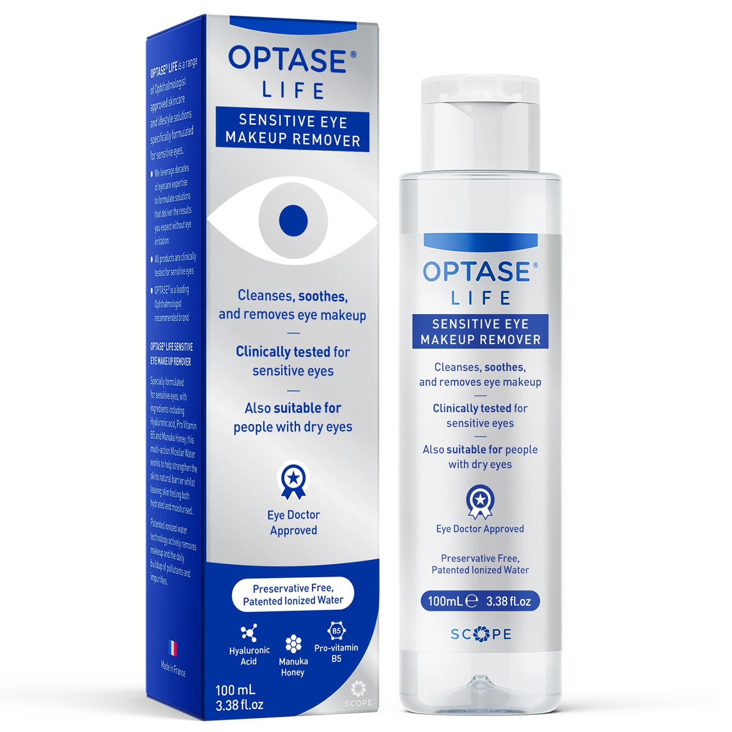 Optase Life eye makeup remover bottle showing gentle cleansing for sensitive eyes