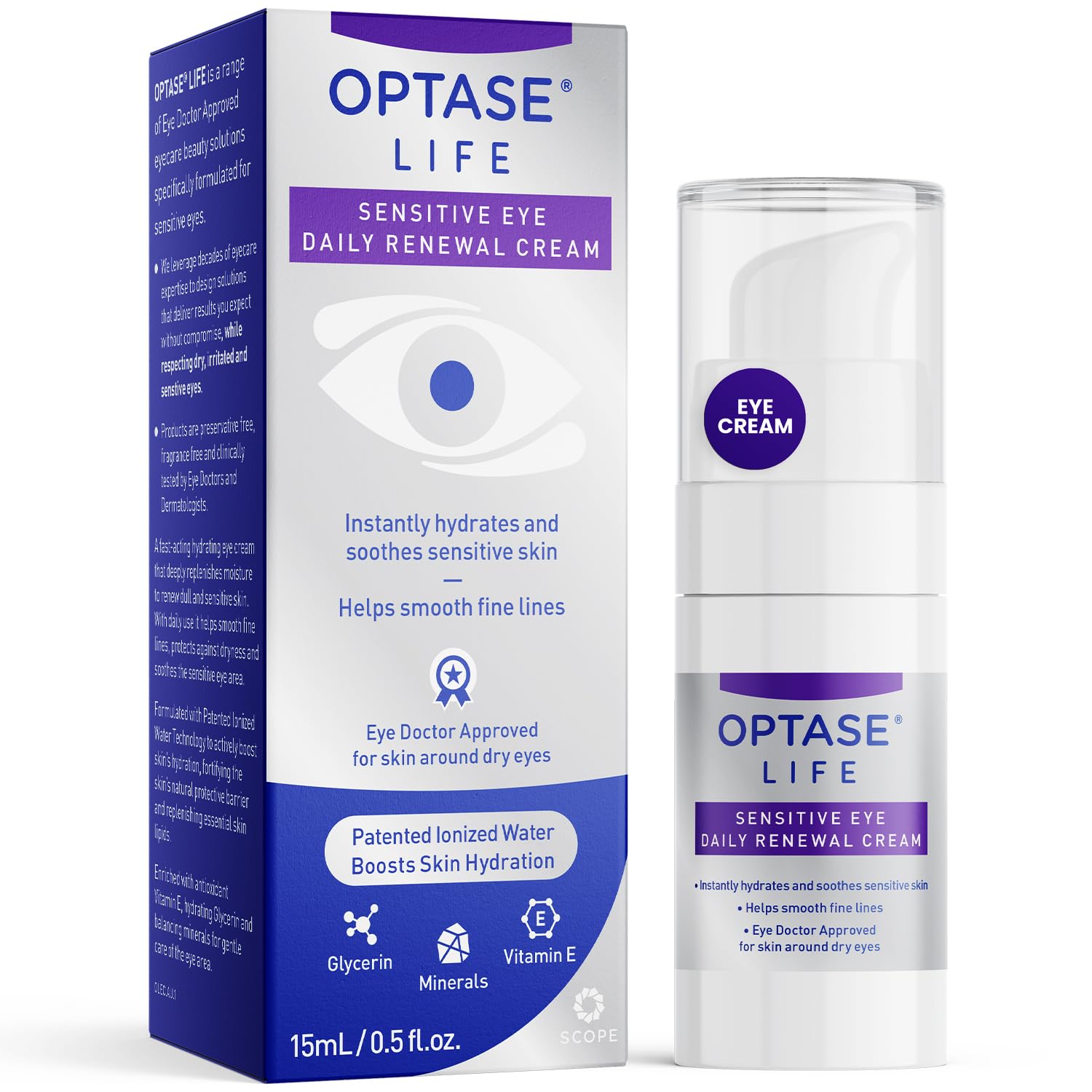 Optase LIFE packaging showing the daily renewal cream for convenient hydration around sensitive eye skin