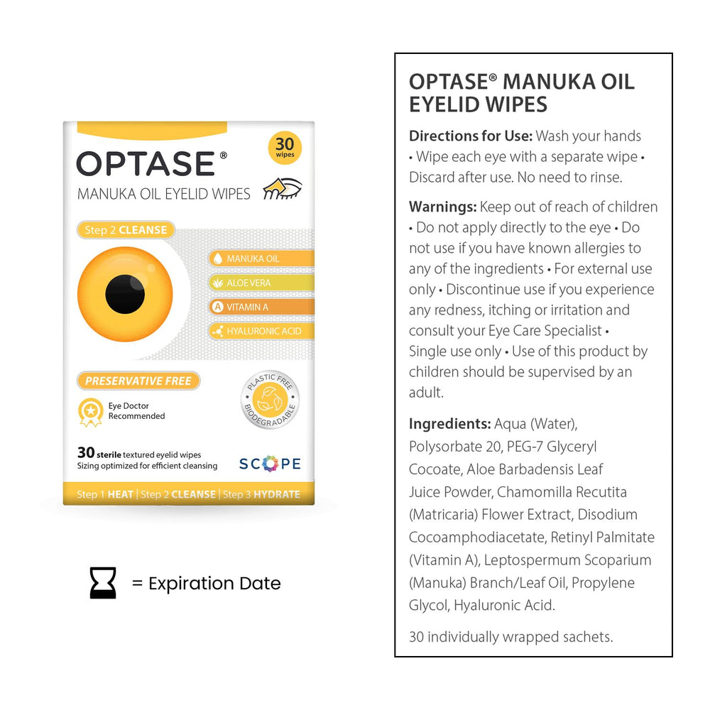 Close-up of Optase Manuka Oil Eyelid Wipes tube.