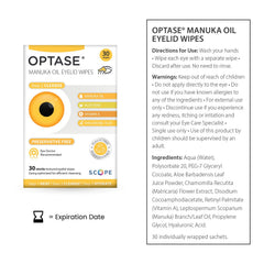 Close-up of Optase Manuka Oil Eyelid Wipes tube.