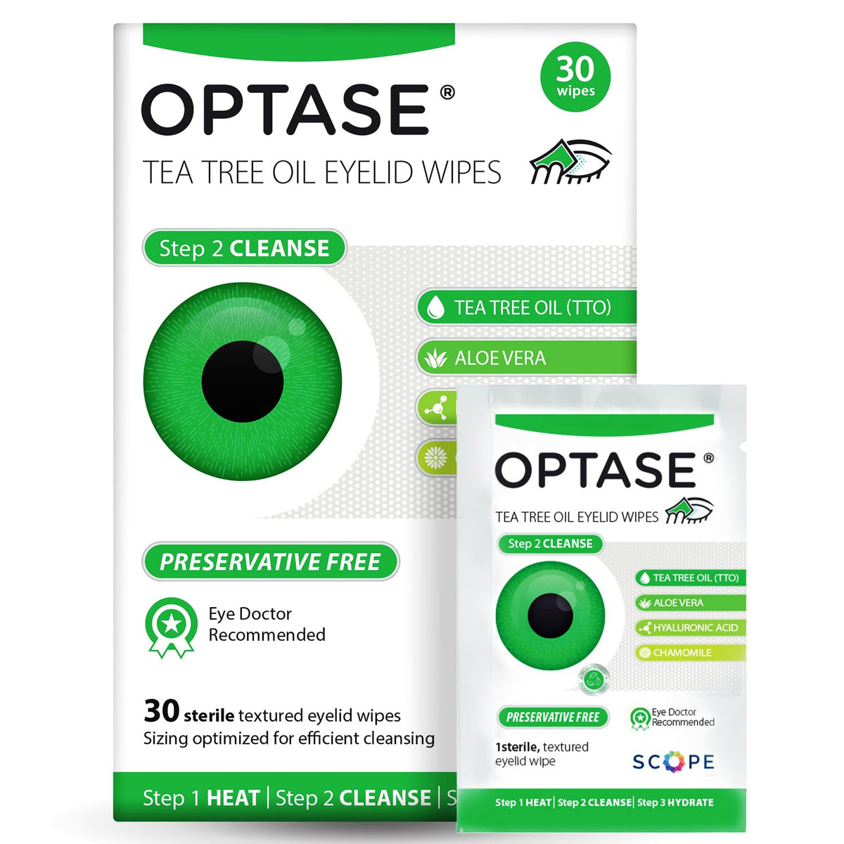 Optase TTO wipes packaging close-up showing preservative-free eyelid cleanser.