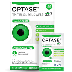 Optase TTO wipes packaging close-up showing preservative-free eyelid cleanser.