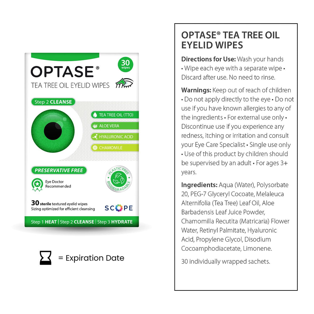 Optase TTO wipes individually wrapped for convenient daily care.
