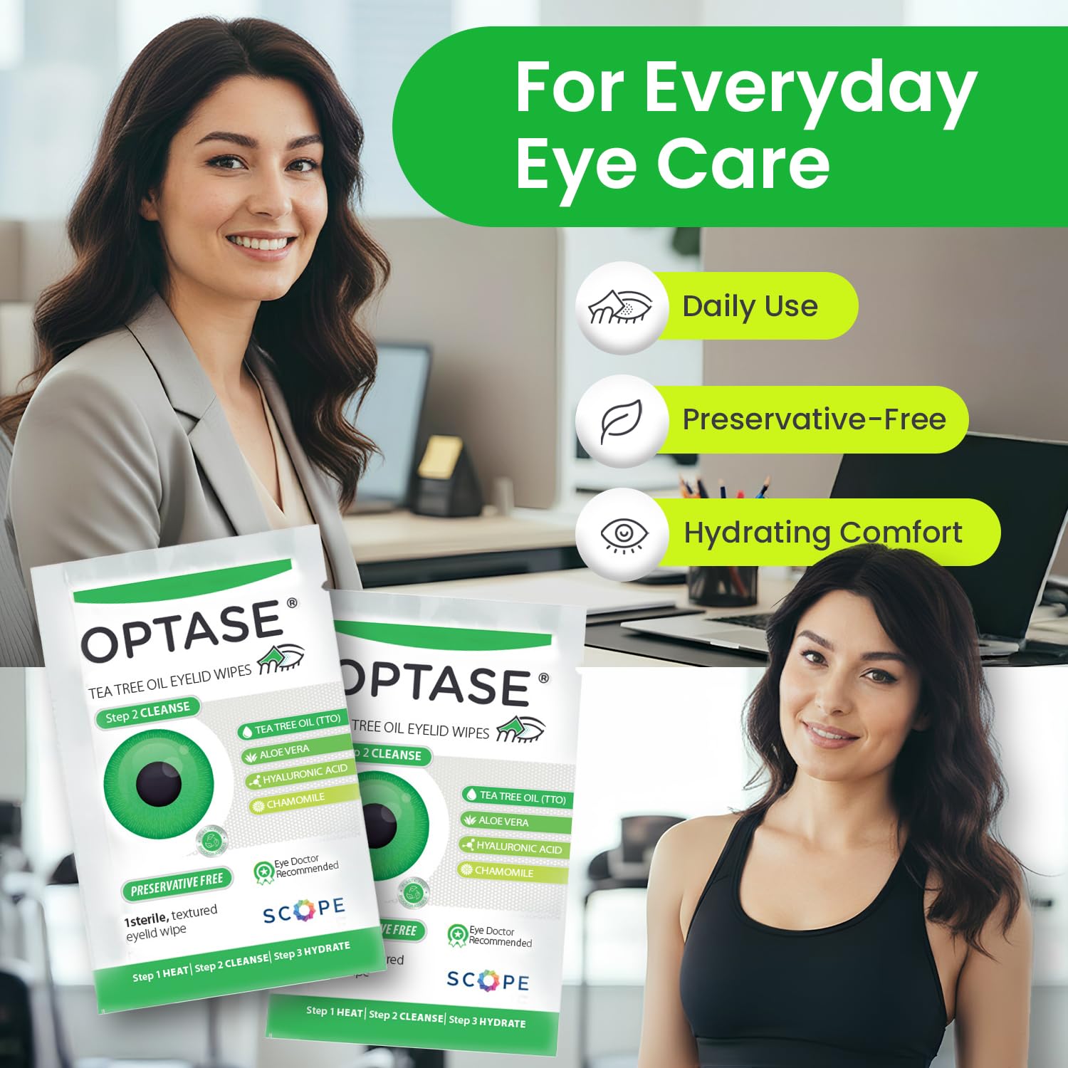 Optase TTO wipes used from inner to outer lid margin for proper cleansing.
