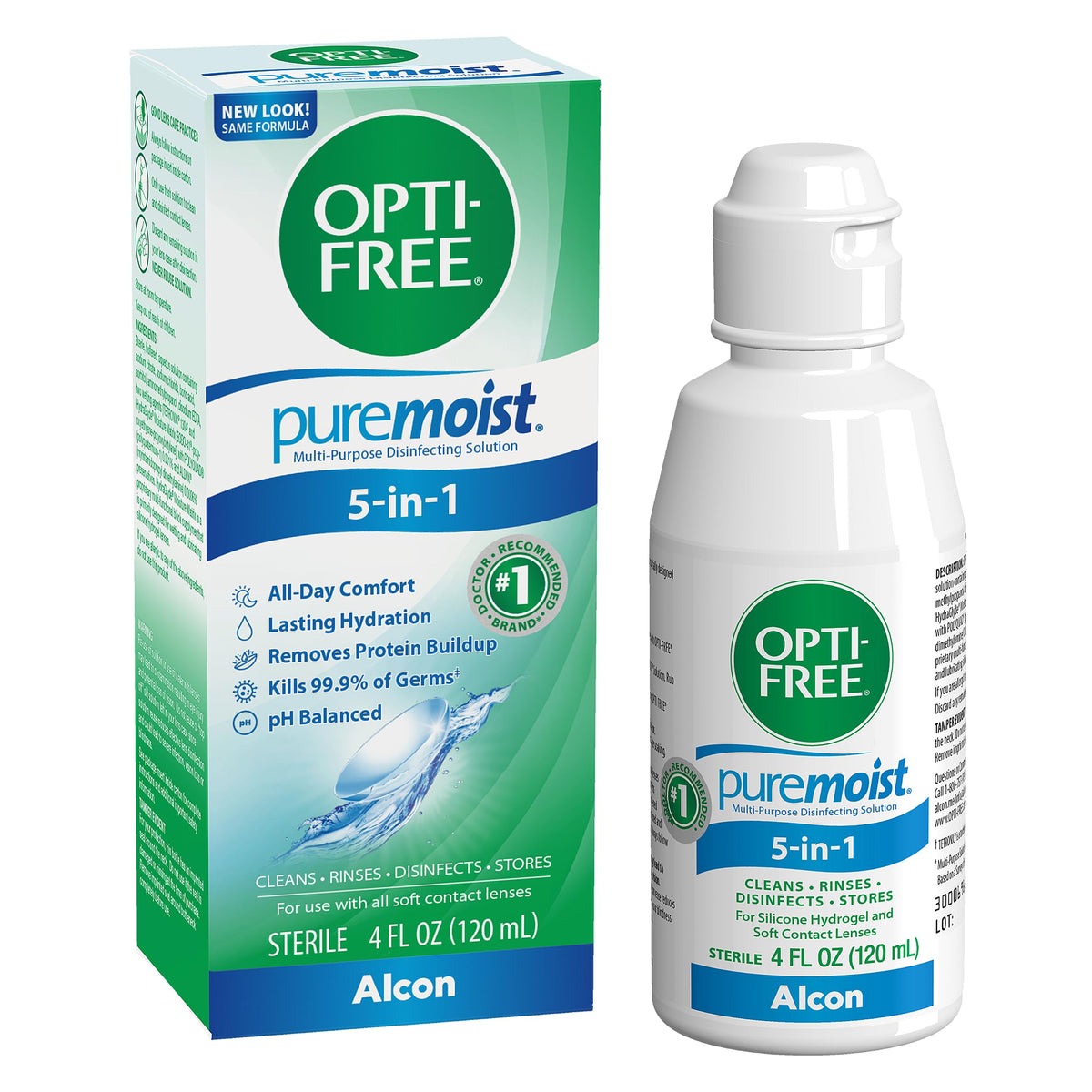 Opti-Free Puremoist bottle front showing all-day moisture support