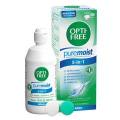 Opti-Free Puremoist bottle pour demonstrates easy, mess-free dispensing for daily lens care.