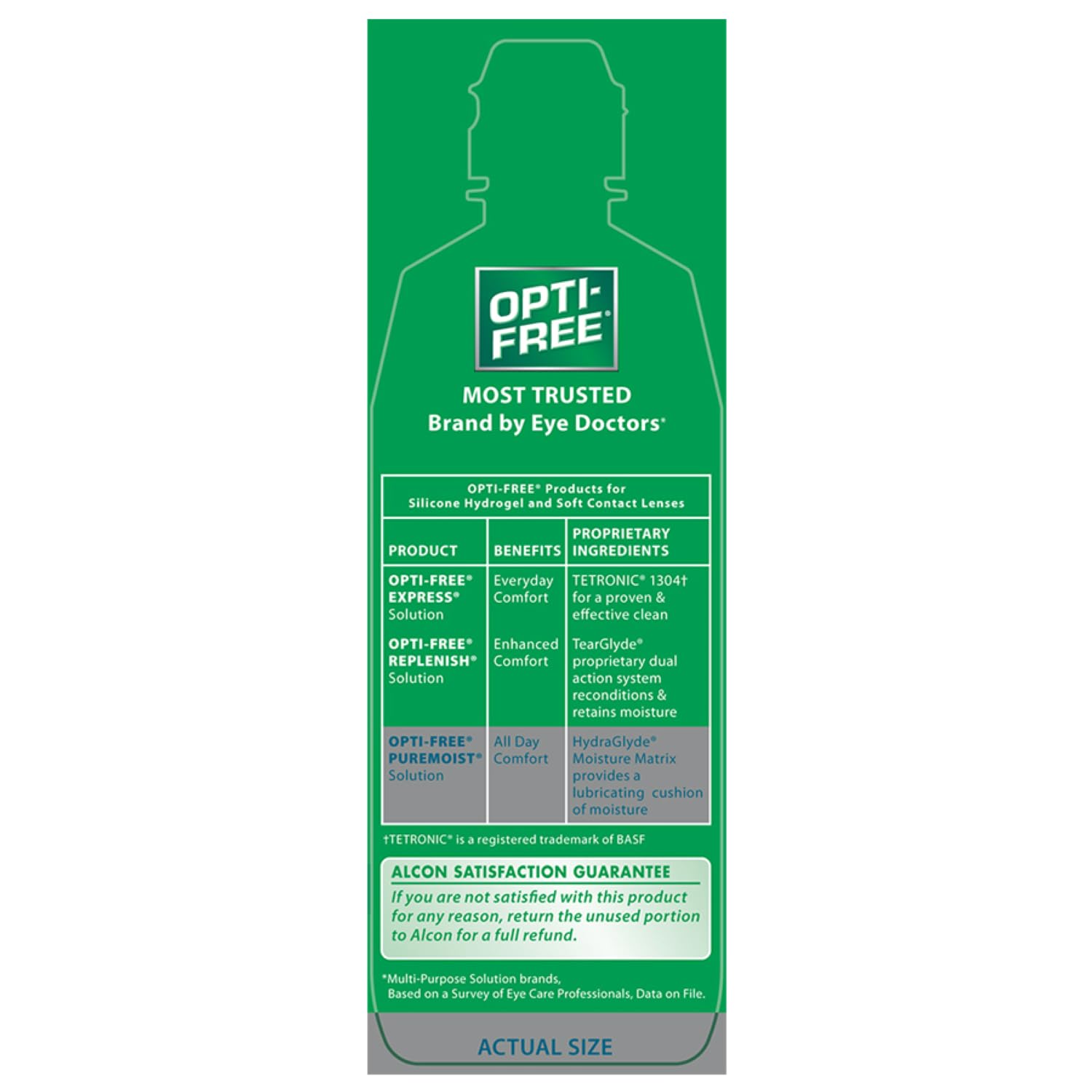 Opti-Free Puremoist bottle with lens case shown for everyday cleaning and disinfection.
