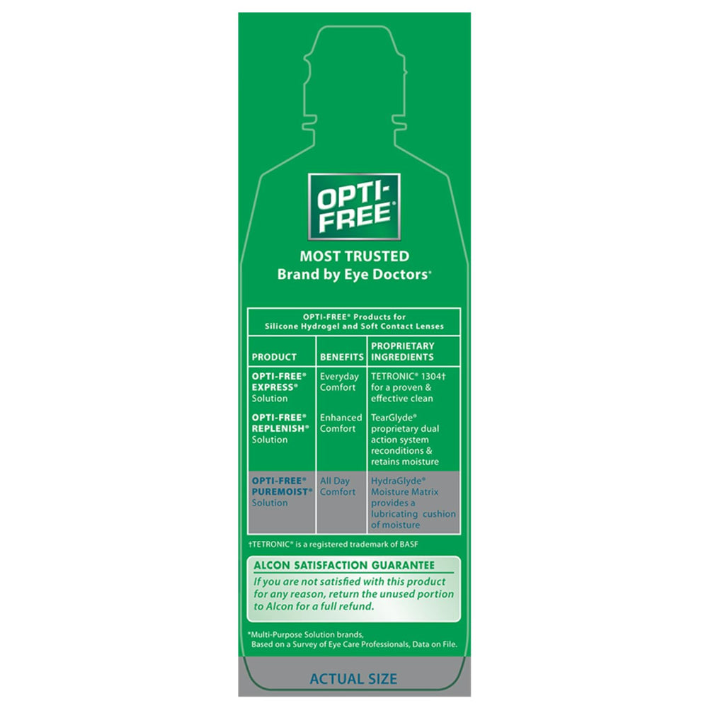 Opti-Free Puremoist bottle with lens case shown for everyday cleaning and disinfection.