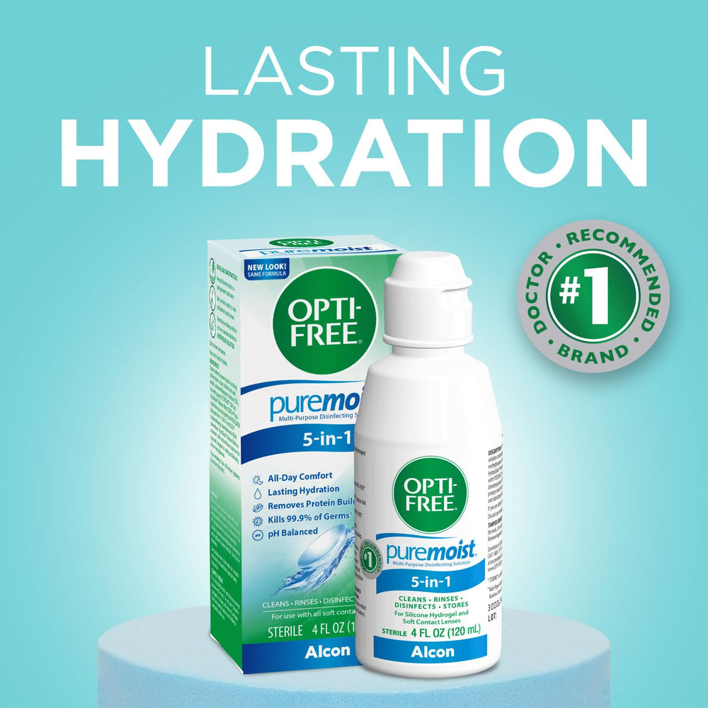 Opti-Free Puremoist HydraGlyde closeup highlighting lasting moisture for lenses