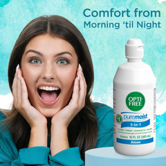Opti-Free Puremoist multi-purpose solution bottle ready for daily cleaning and disinfection.