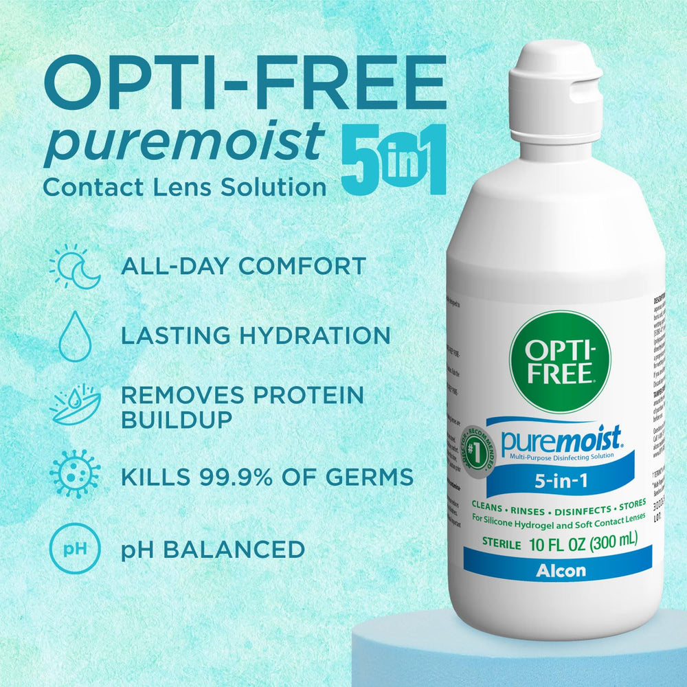 Opti-Free Puremoist soft lenses close-up highlighting all-day moisture and comfort.