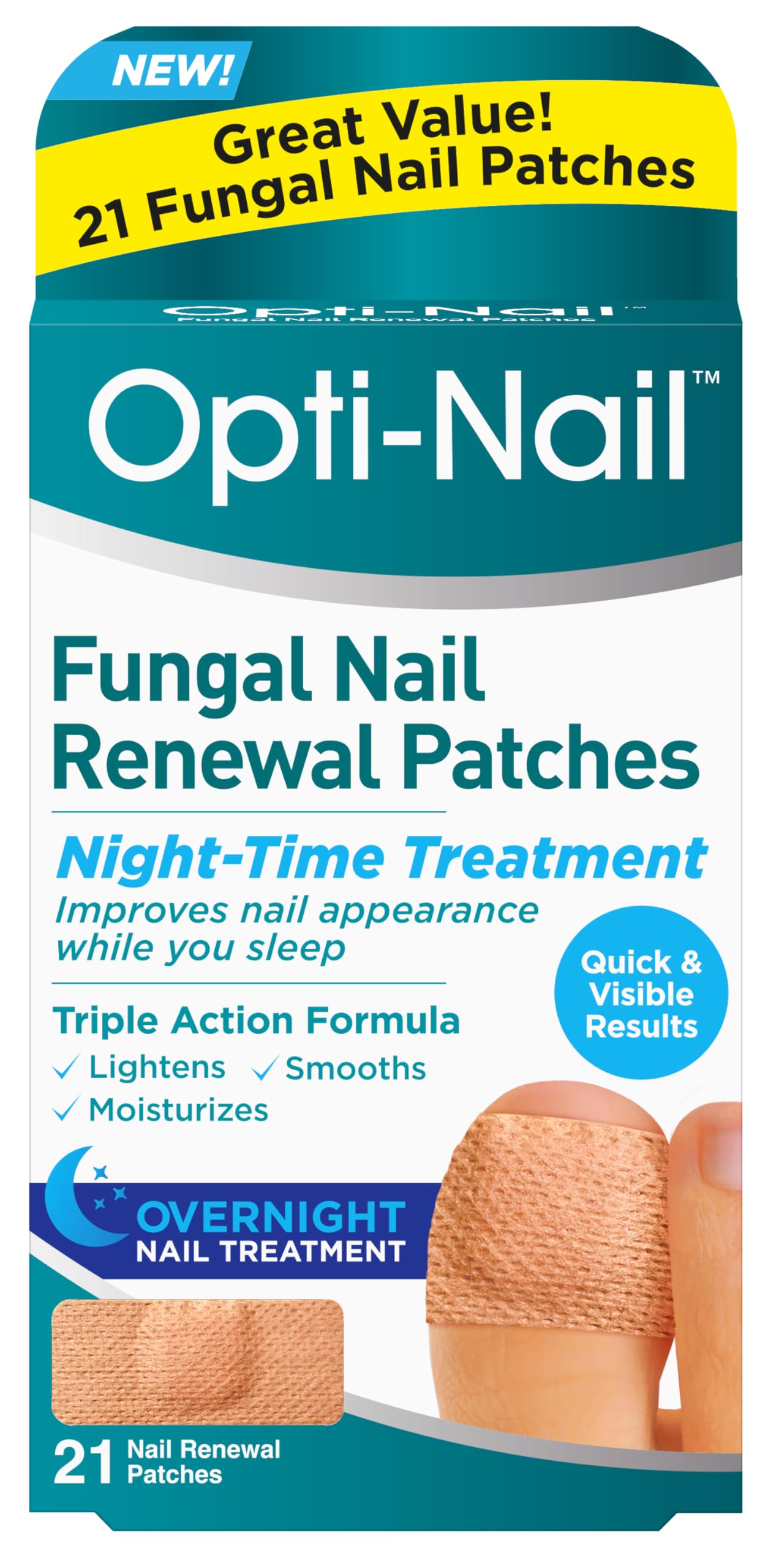 Opti-Nail fungal nail renewal patch pack ready for nightly use on a toenail.