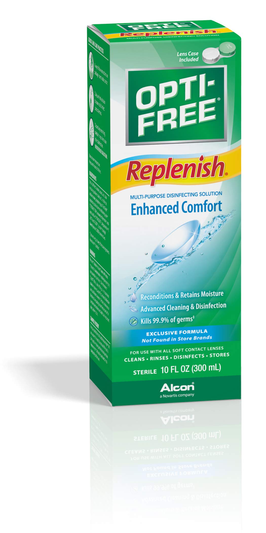 Opti-Free Replenish bottle pour demonstrates even distribution for all-day moisture.