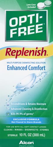 Opti-Free Replenish lens case shown for safe lens storage and disinfection.
