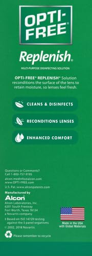 Opti-Free Replenish solution bottle close-up highlights moisture protection.