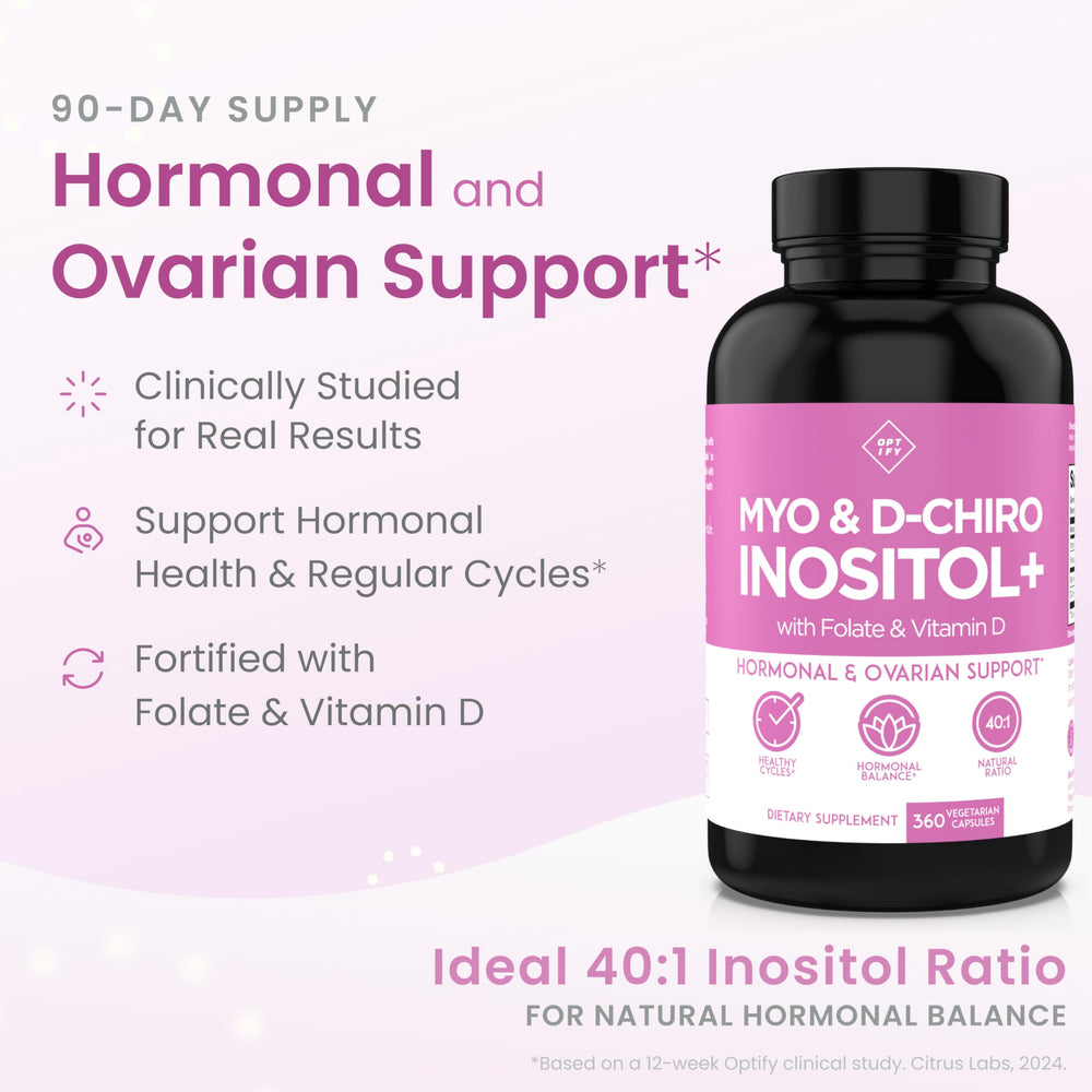 Optify Inositol capsules close-up showing vegan capsules and clean label.