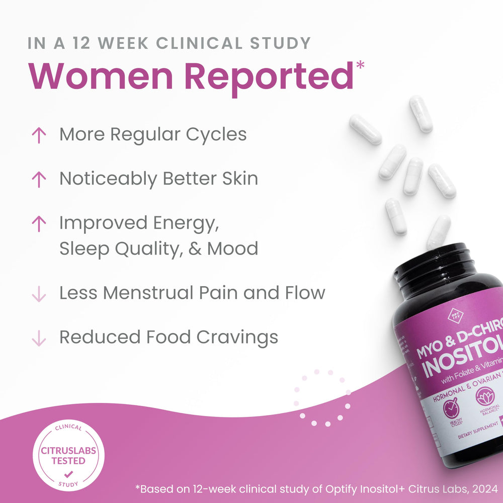 Optify Inositol supplement label highlights 2000 mg Myo-Inositol and 50 mg DCI.