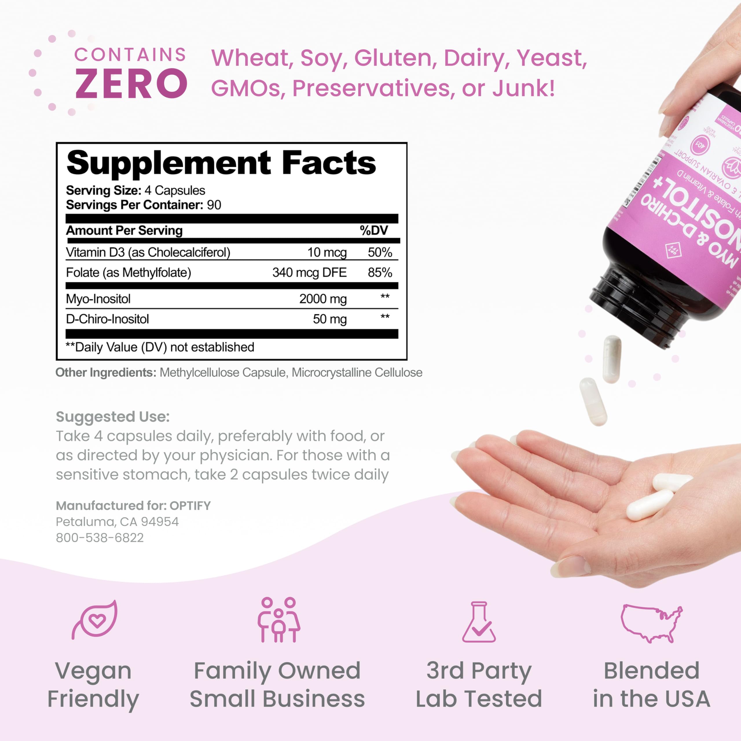 Optify Inositol nutrition facts panel indicating folate and vitamin D.