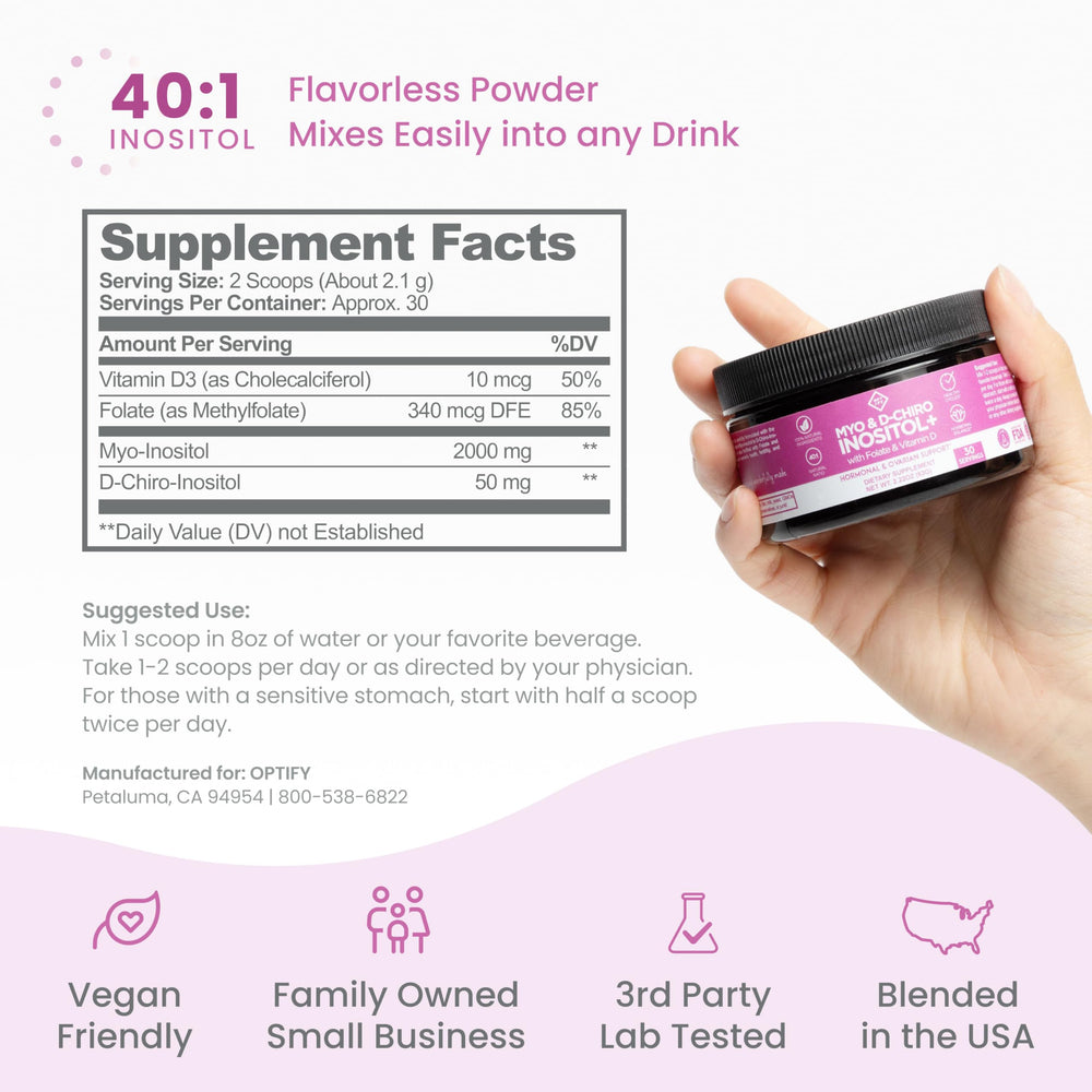 Optify Inositol powder close-up with scoop for convenient daily use.
