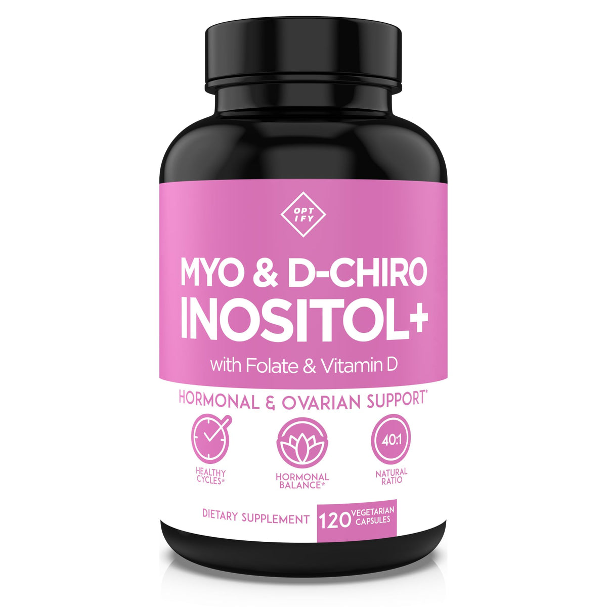 Optify Myo-Inositol & D-Chiro Inositol bottle shows 40:1 balance for hormonal support