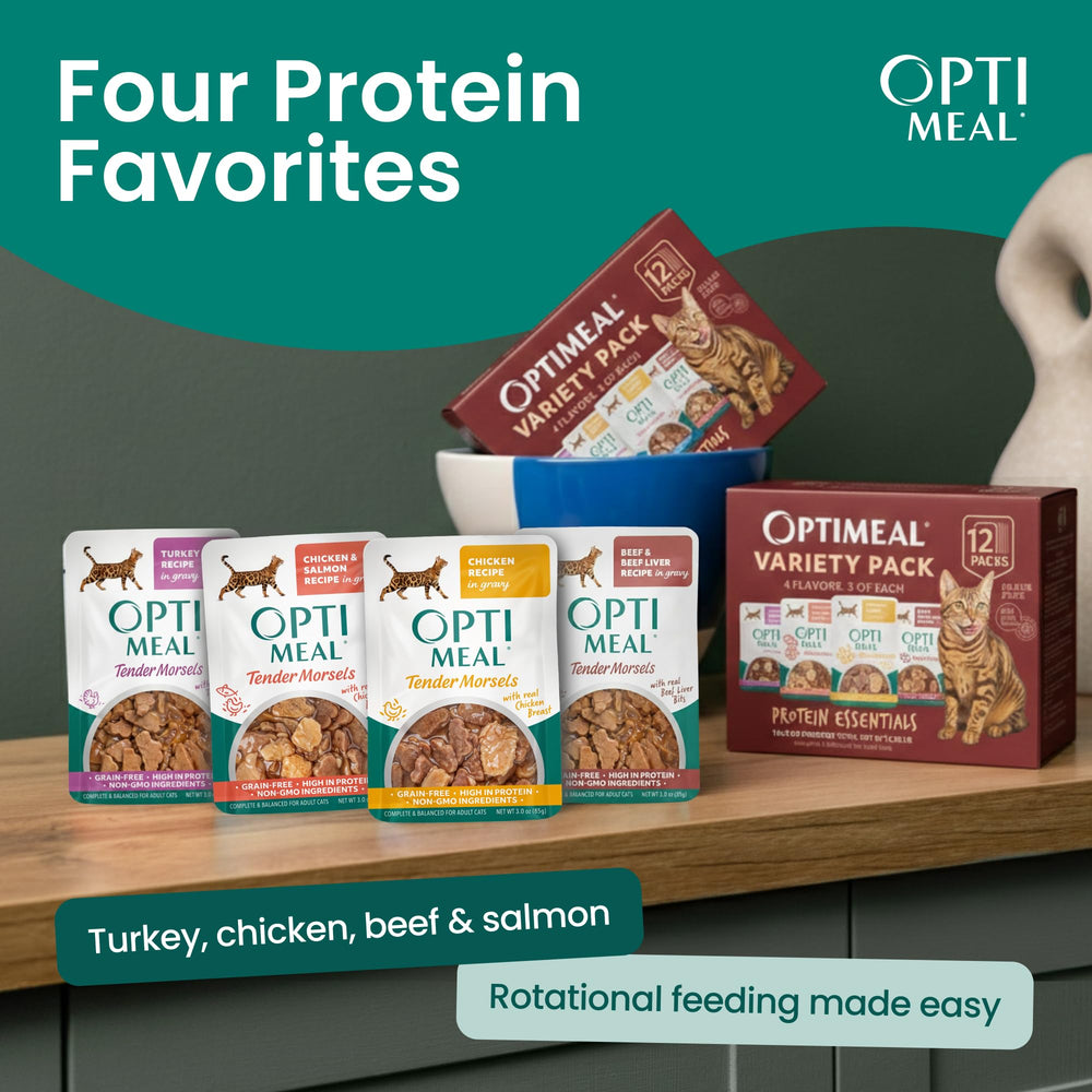 Optimeal chicken tender morsels in gravy delivering high-protein bites for active cats.