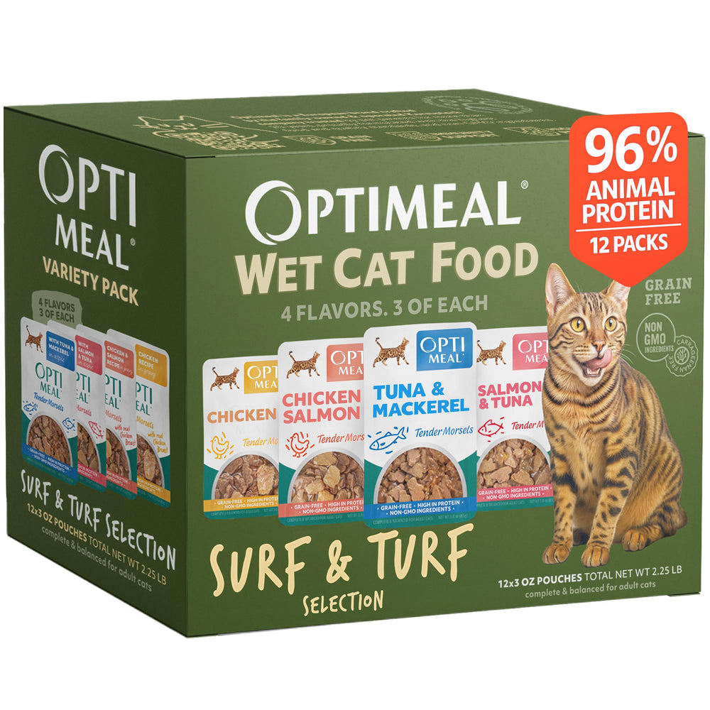 Optimeal Surf & Turf variety pack pouches for grain-free adult cat nutrition