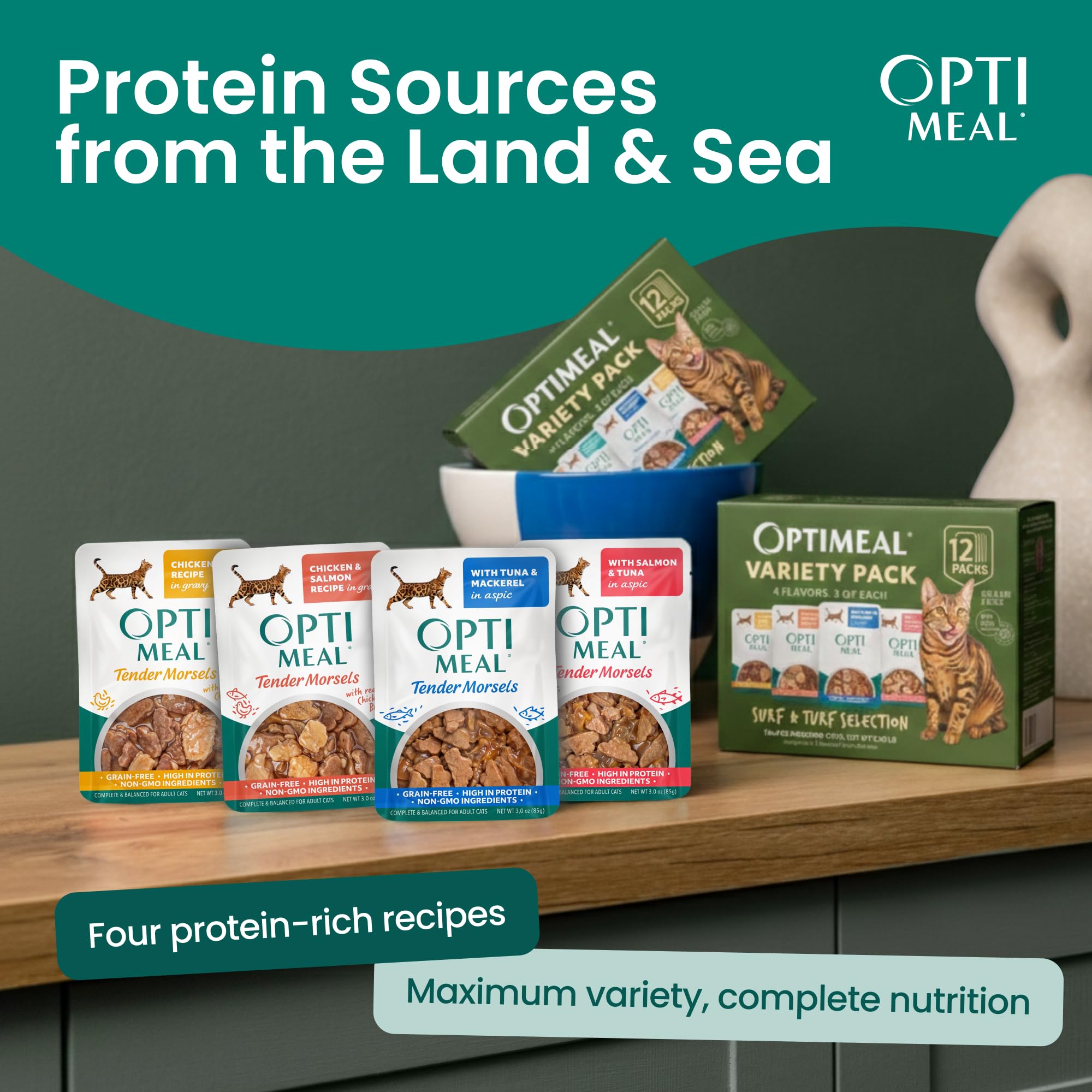 Optimeal wet cat food grain-free formula with high-protein seafood and poultry