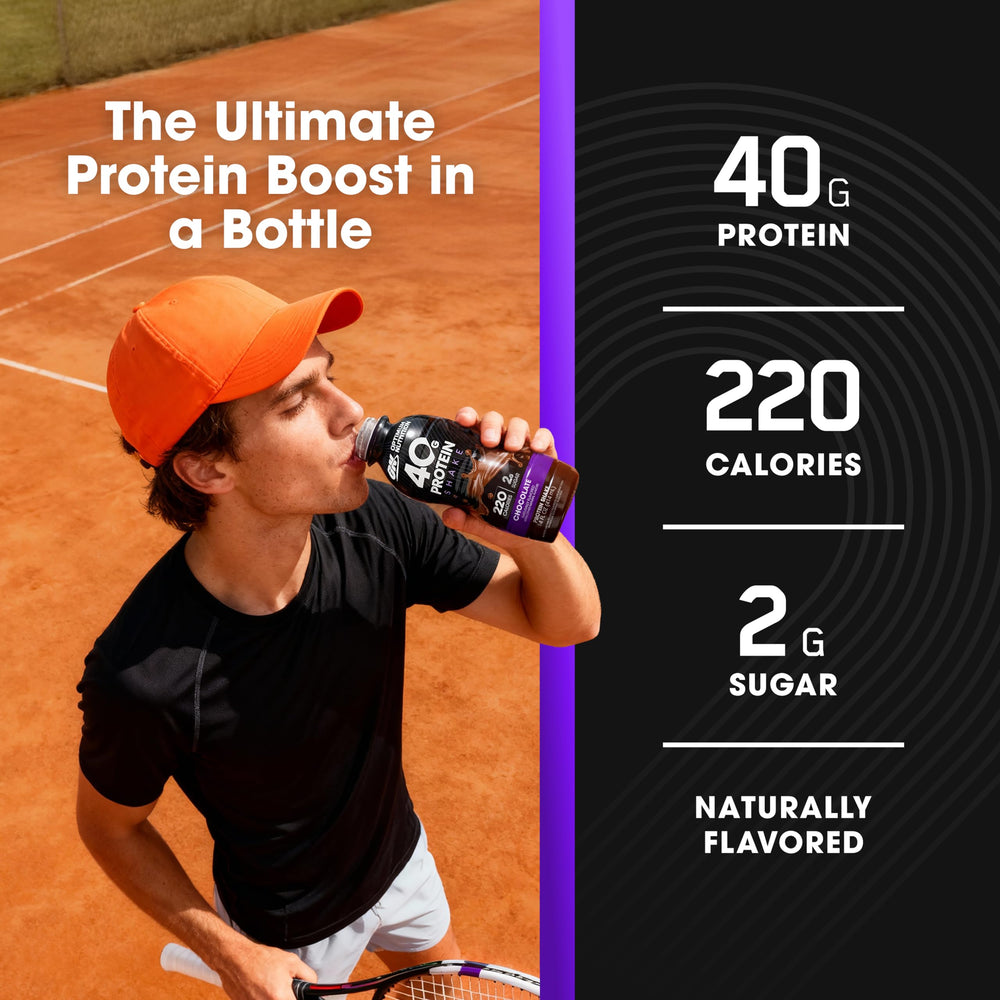 Optimum Nutrition 40g chocolate shake glass showcases rich flavor.