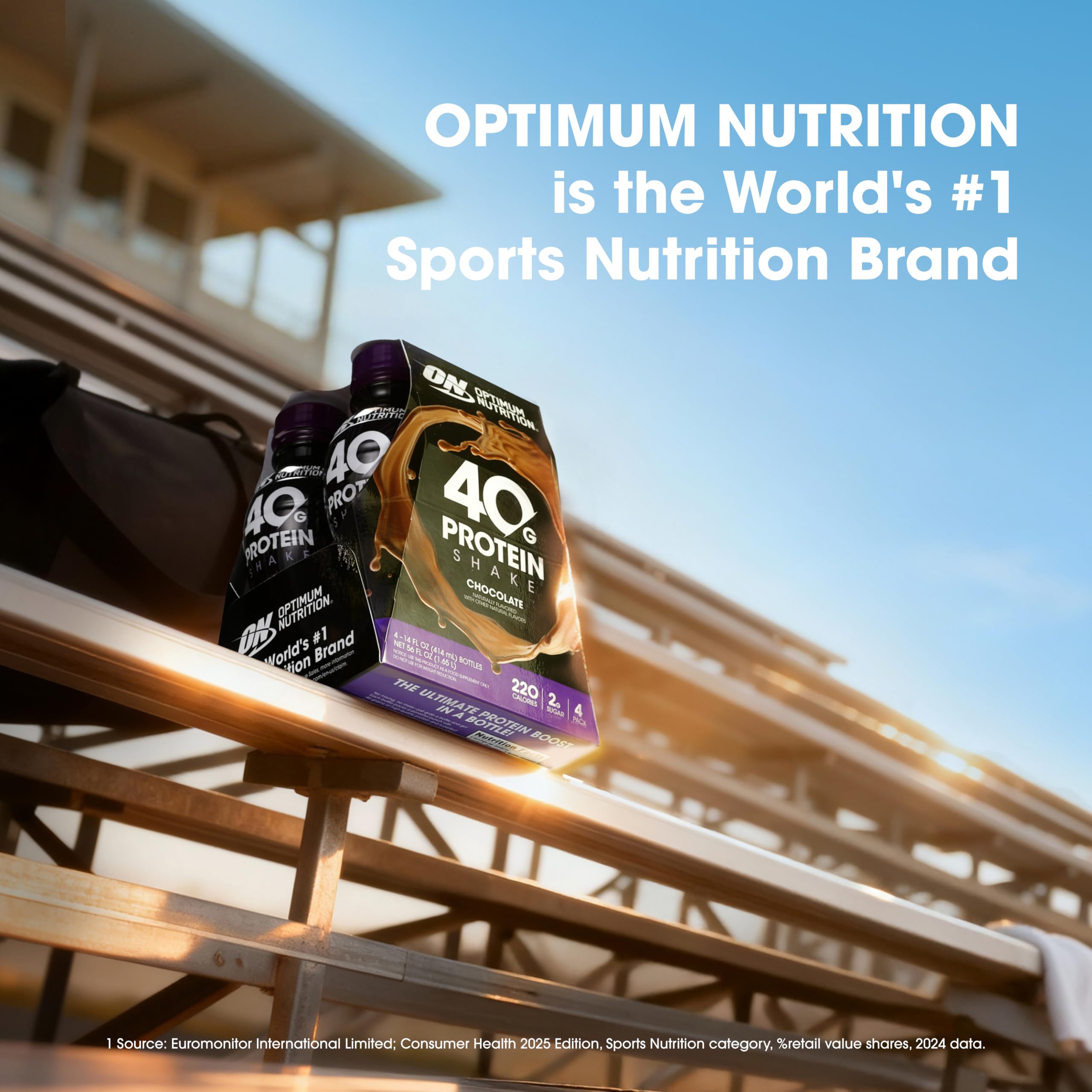 Optimum Nutrition 40g shake icons illustrate fiber and minerals.