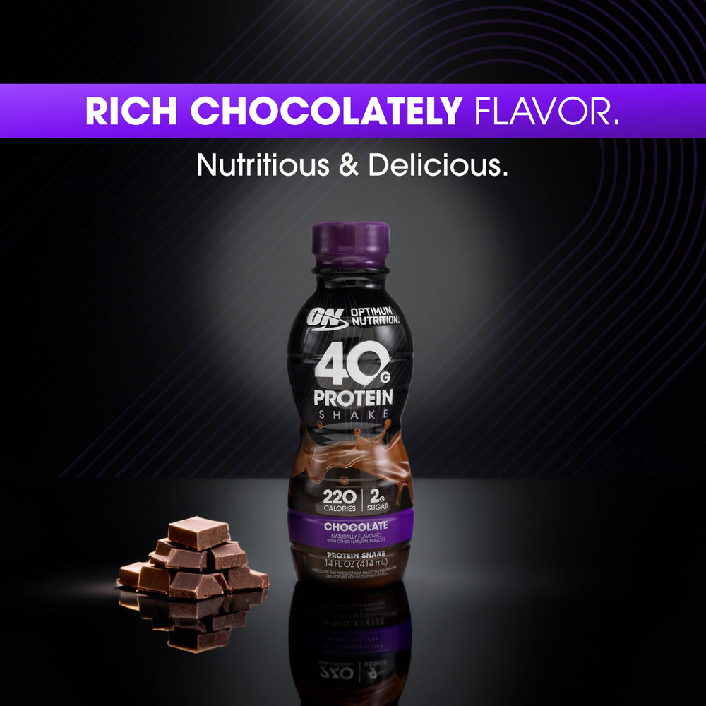 Optimum Nutrition 40g shake packaging emphasizes flavor options.