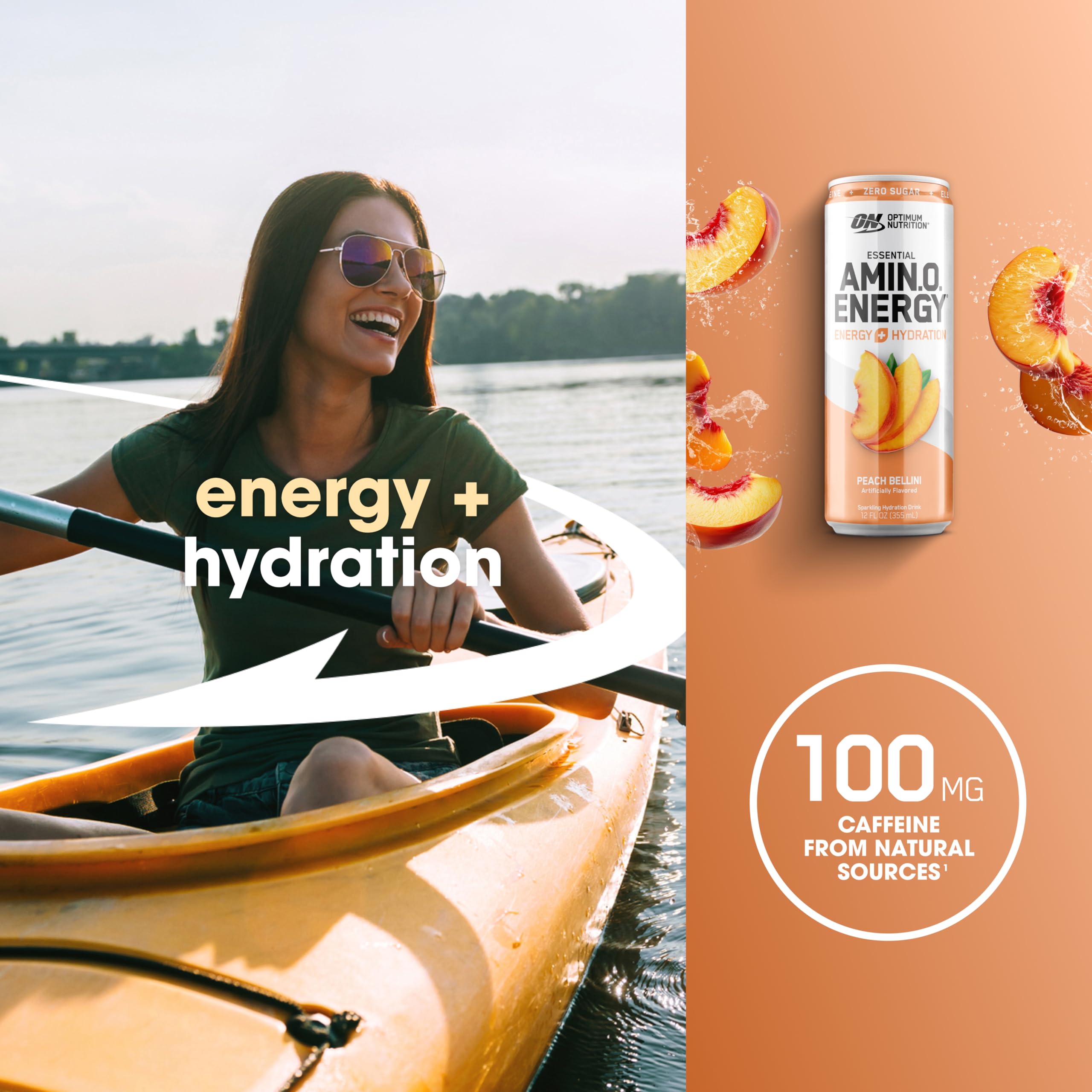 Optimum Nutrition Amin.O. Energy glass with ice presents a refreshing sparkling drink.