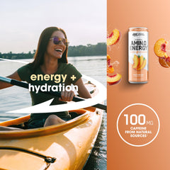 Optimum Nutrition Amin.O. Energy glass with ice presents a refreshing sparkling drink.