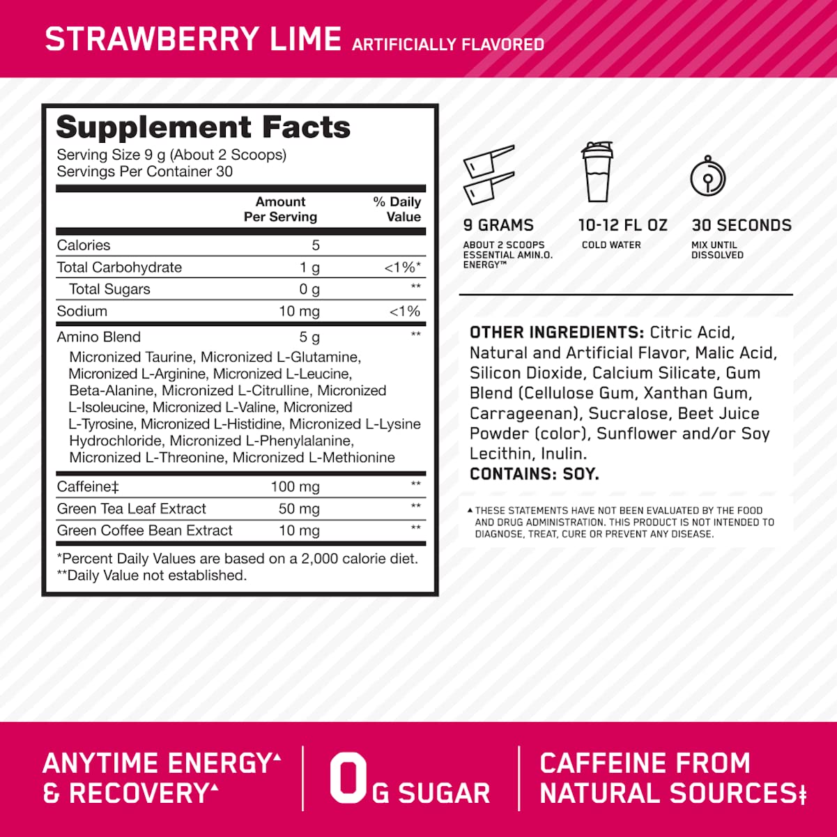 Optimum Nutrition Amino Energy green tea caffeine mug signals clean energy for workouts.