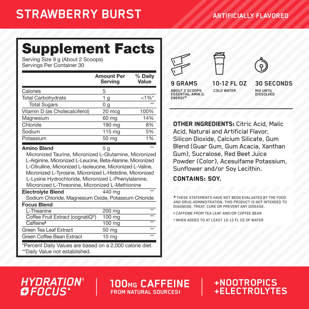 Optimum Nutrition Amino Energy jar contents highlight ingredients and hydration support