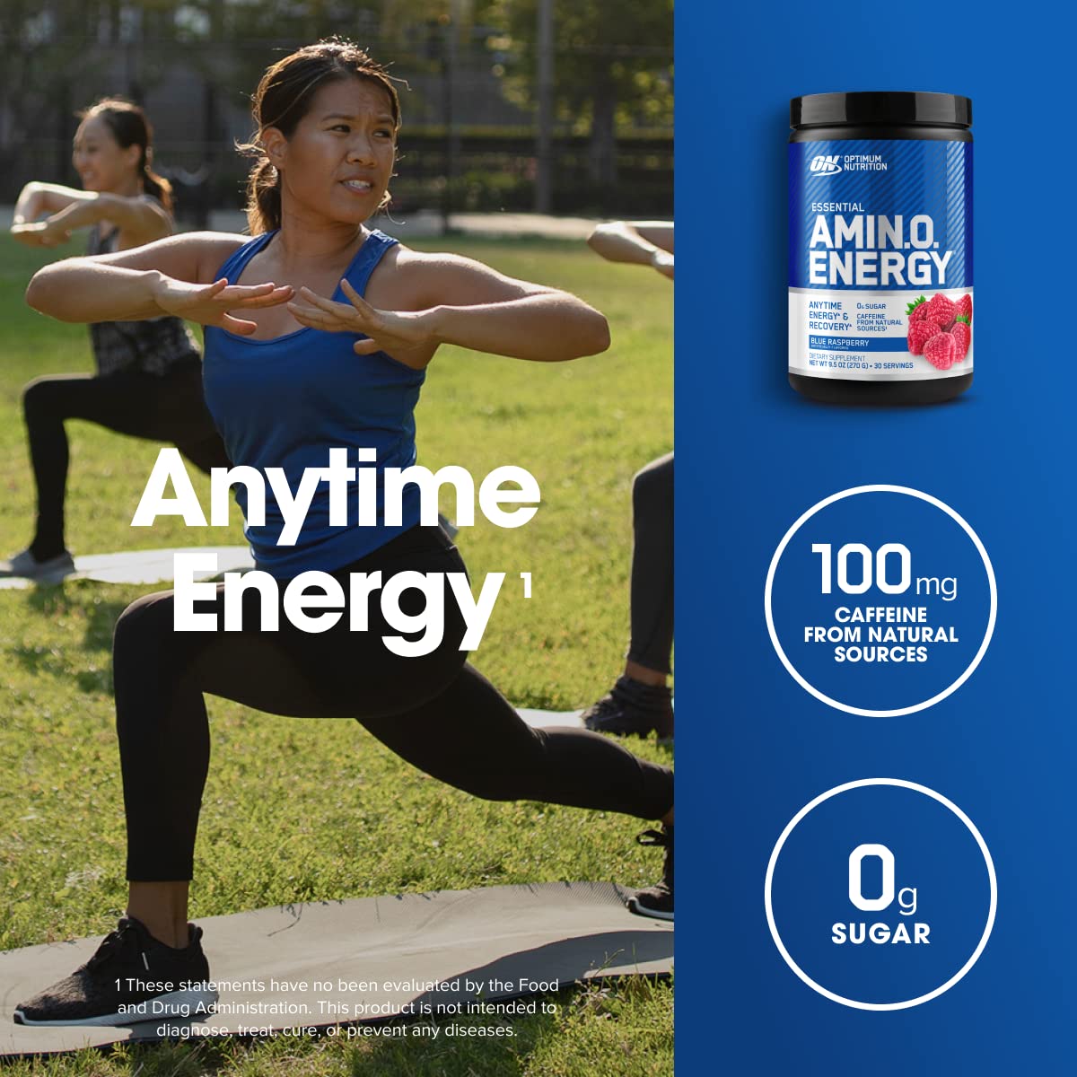 Optimum Nutrition Amino Energy label closeup reveals caffeine and amino blend.