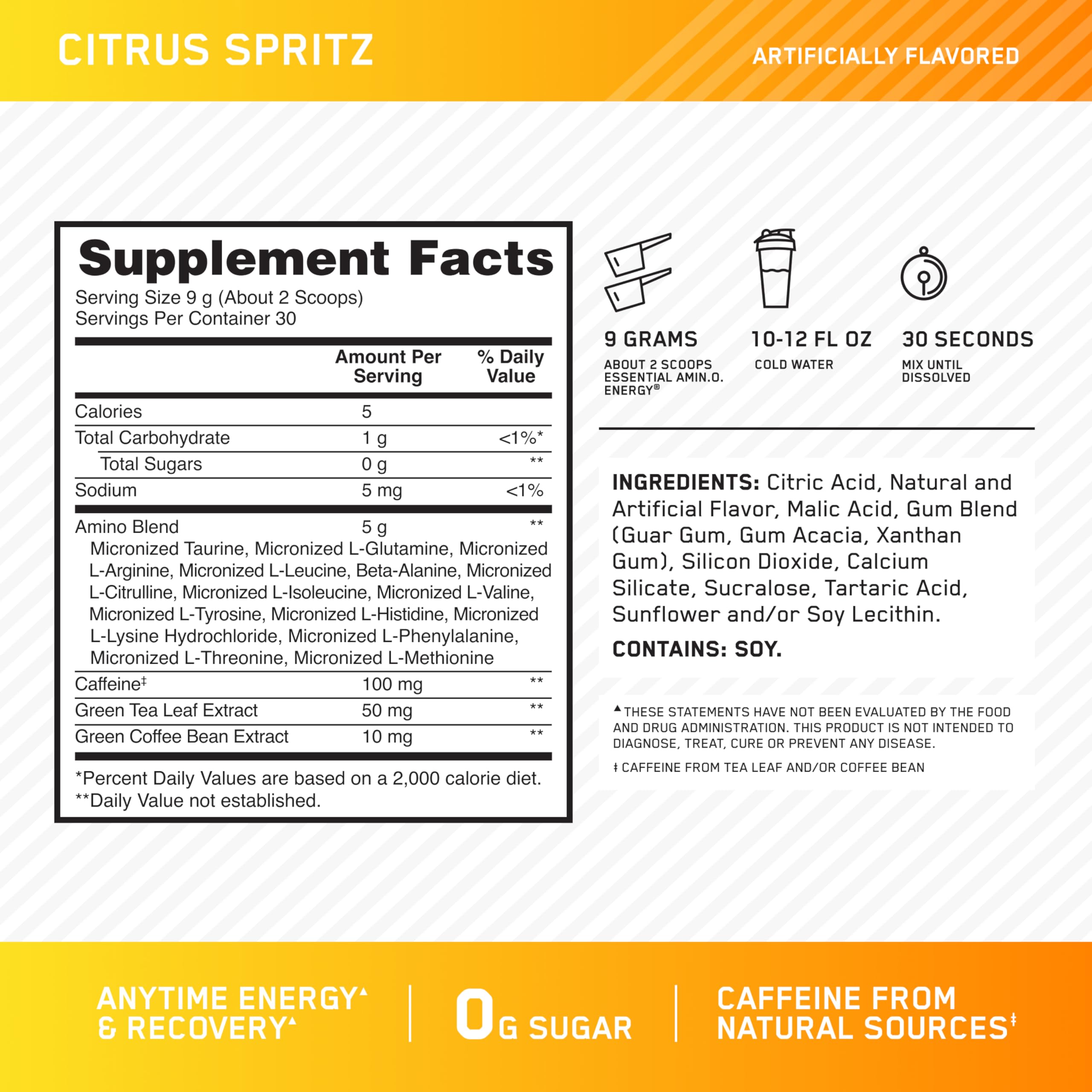 Closeup of Optimum Nutrition Amino Energy label and ingredients