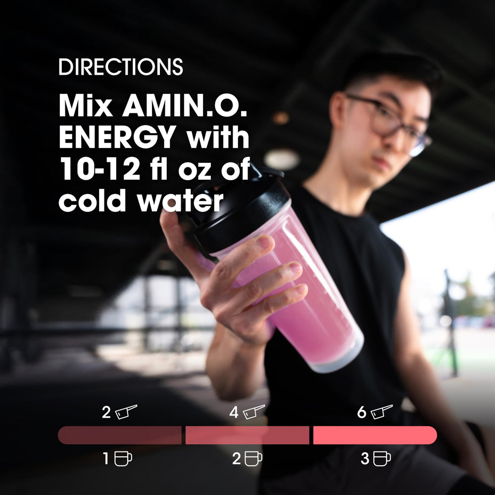 Optimum Nutrition Amino Energy mixing glass depicts hydration support in action